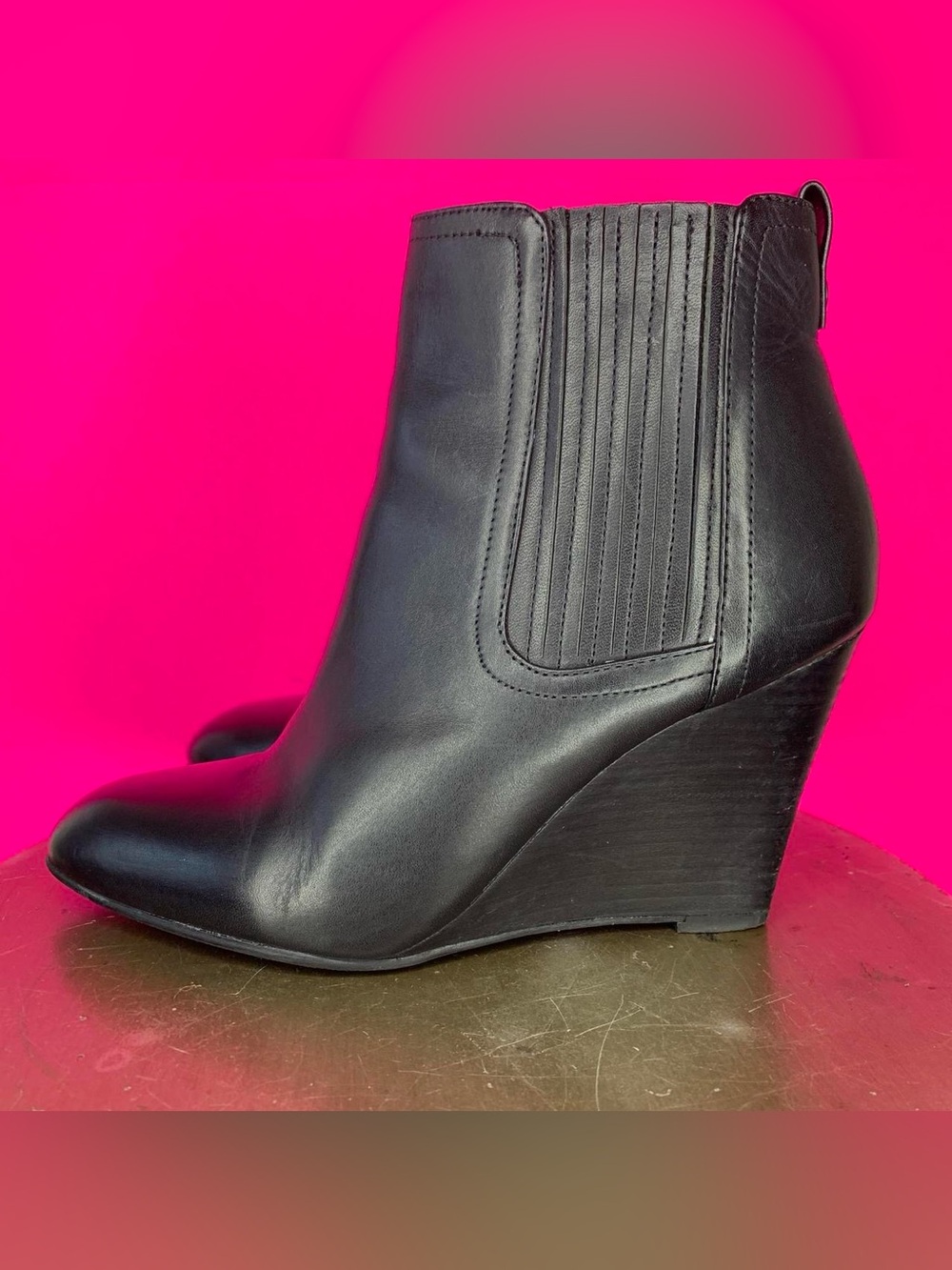 Sam Edelman Gillian Black Leather Wedge Heel Chelsea Ankle Boot US 6.5 UK 4 - Picture 4 of 8